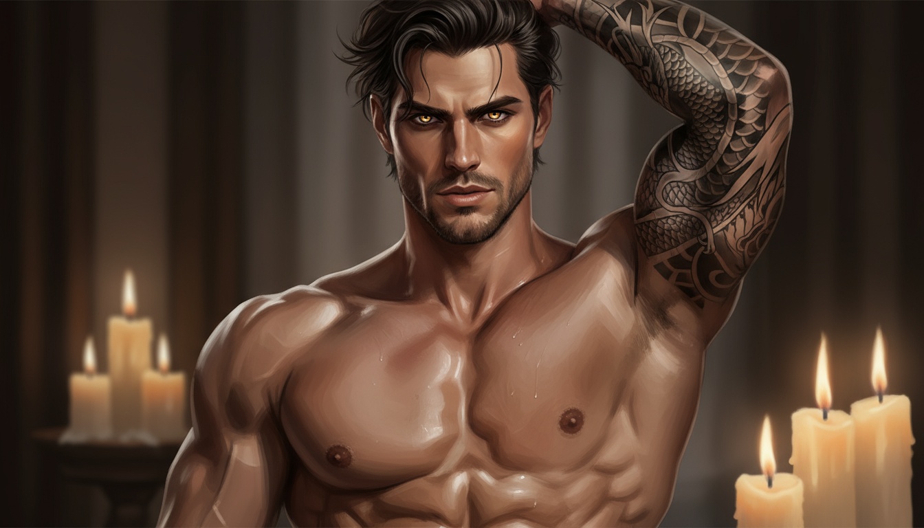 Close-up portrait of irresistibly attractive shirtless man with intense eyes and tattooed arms showing character customization depth for adult stories