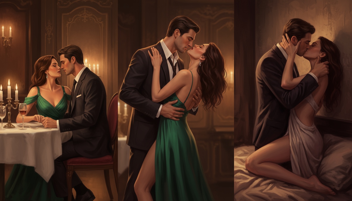 Luxury hotel suite with woman in black lace bodysuit and shirtless man showing electric sexual tension and perfect erotic buildup