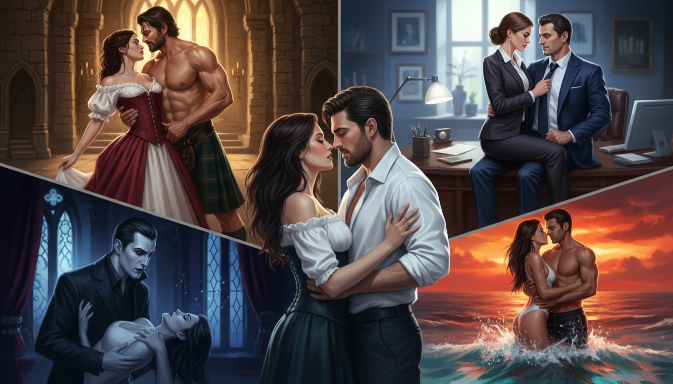 Collage of diverse erotic fantasy scenes including historical romance, office encounters, supernatural vampires and beach passion showing story variety