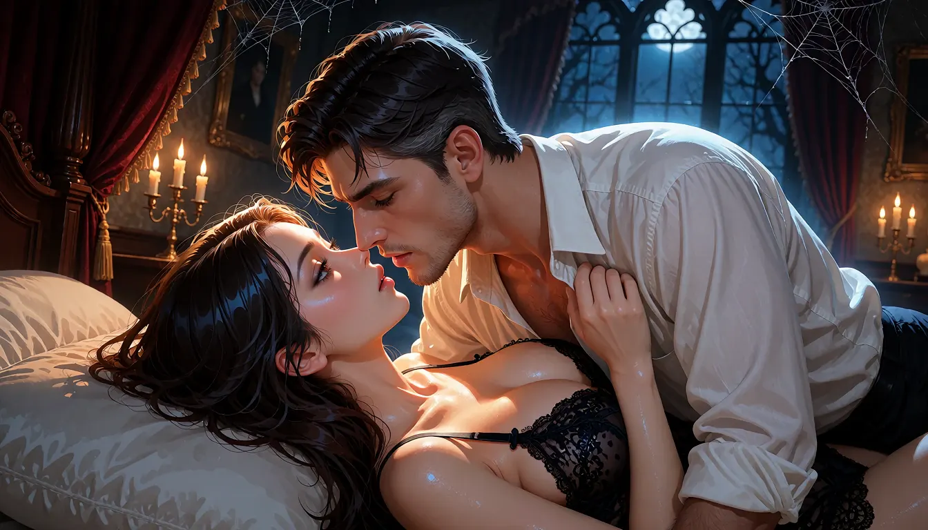 In a haunted manor, a woman in black lace pulls her lover down to the pillows by his collar